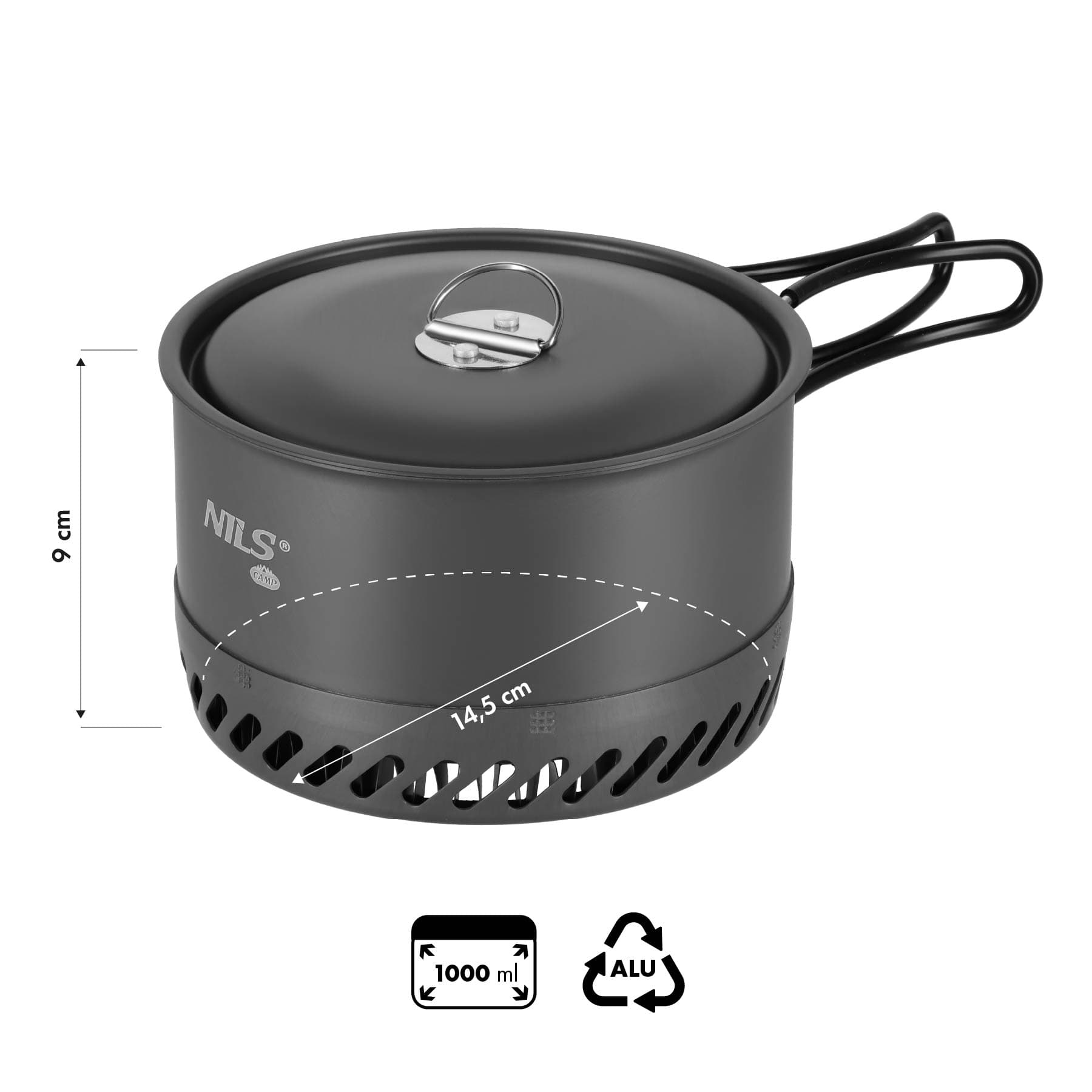 Garnek turystyczny aluminiowy z radiatorem i pokrywką 1000 ml Nils Camp 3