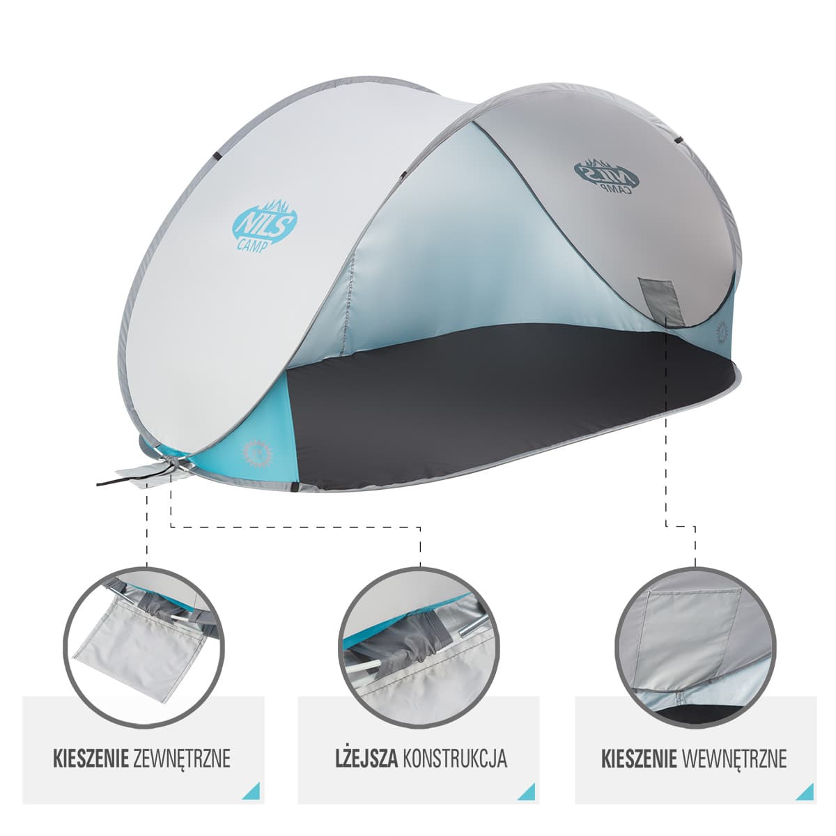 Jasnoszary namiot plażowy samorozkładający z podłogą Nils 2