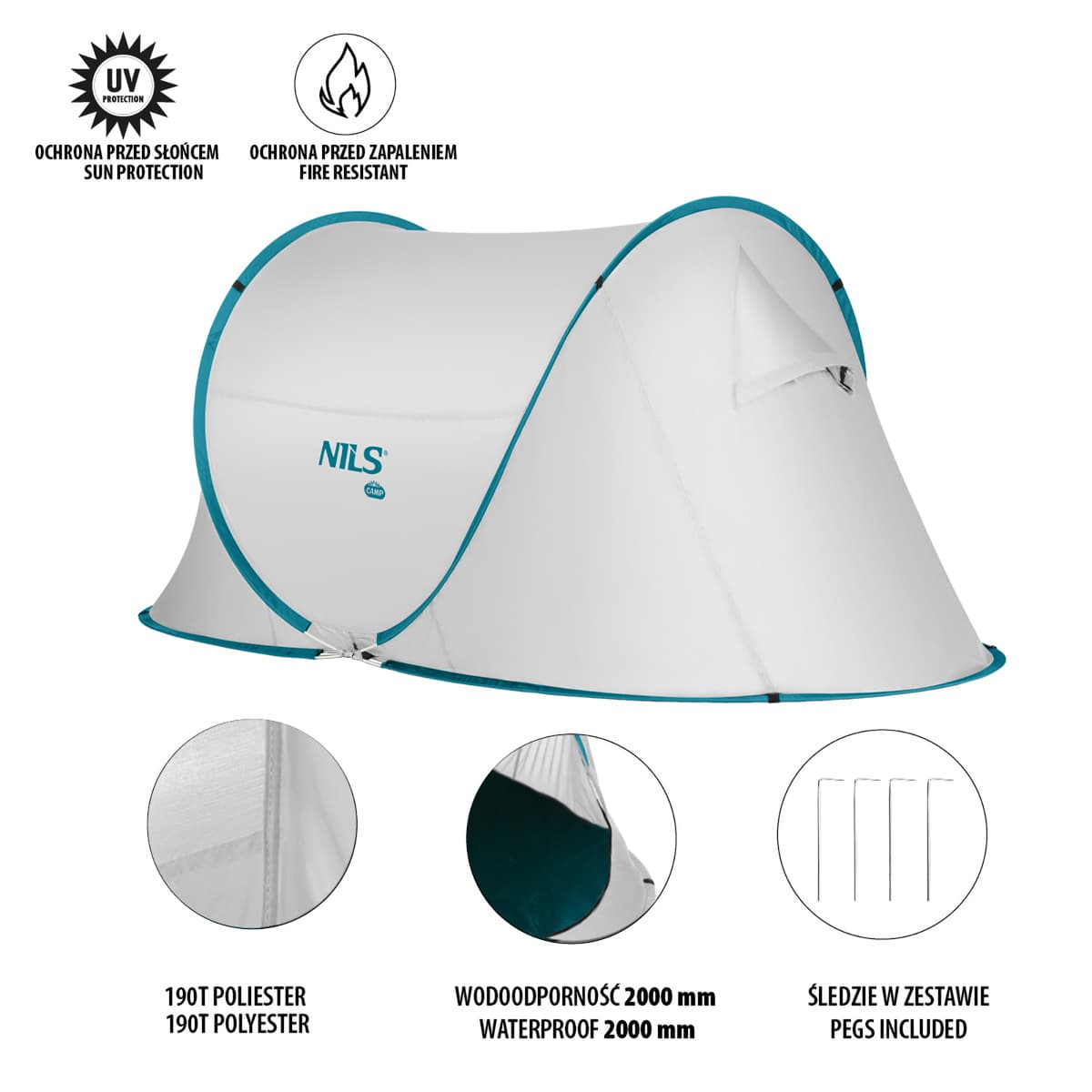 Namiot kempingowy samorozkładający się szary 2-osobowy 3