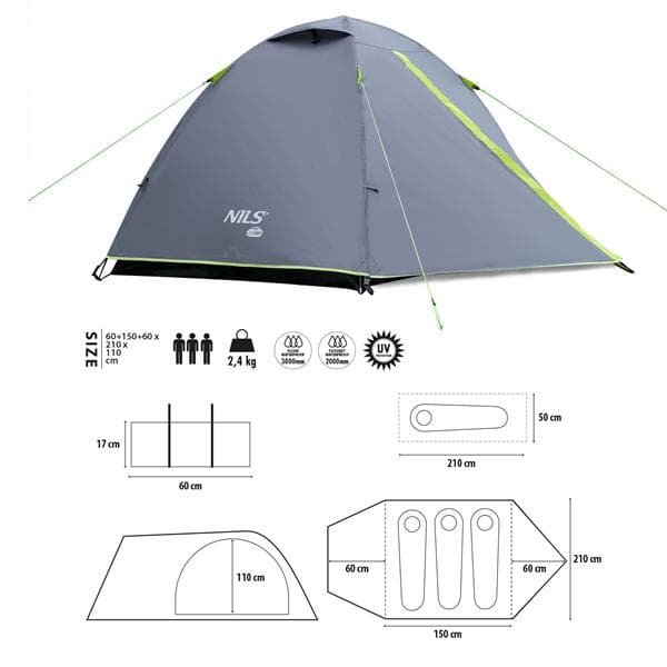 Namiot kempingowy 3-osobowy NILS eXtreme NC6004 szary 7