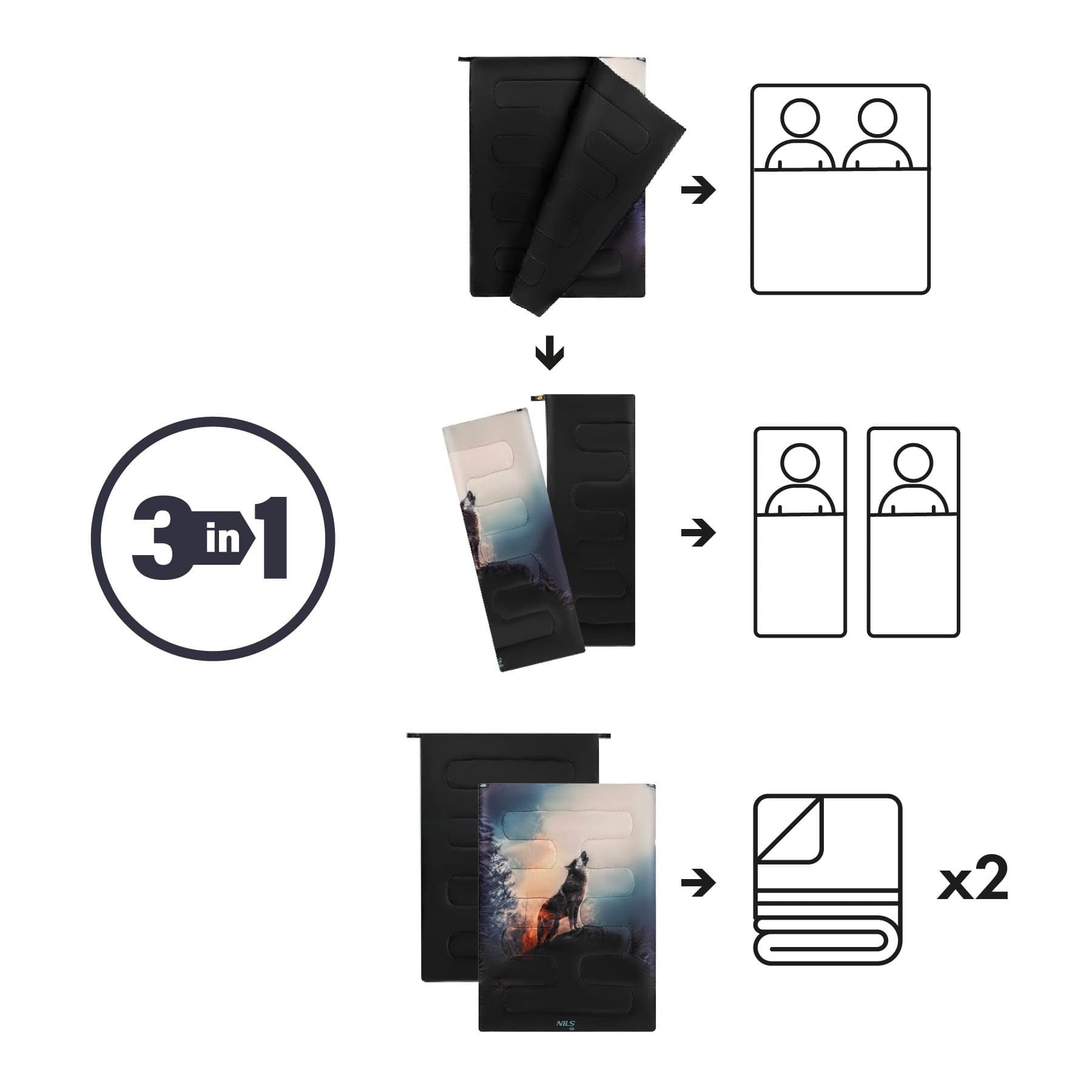 Śpiwór dwuosobowy 3w1 Nils Camp NC3601 Wolf 3