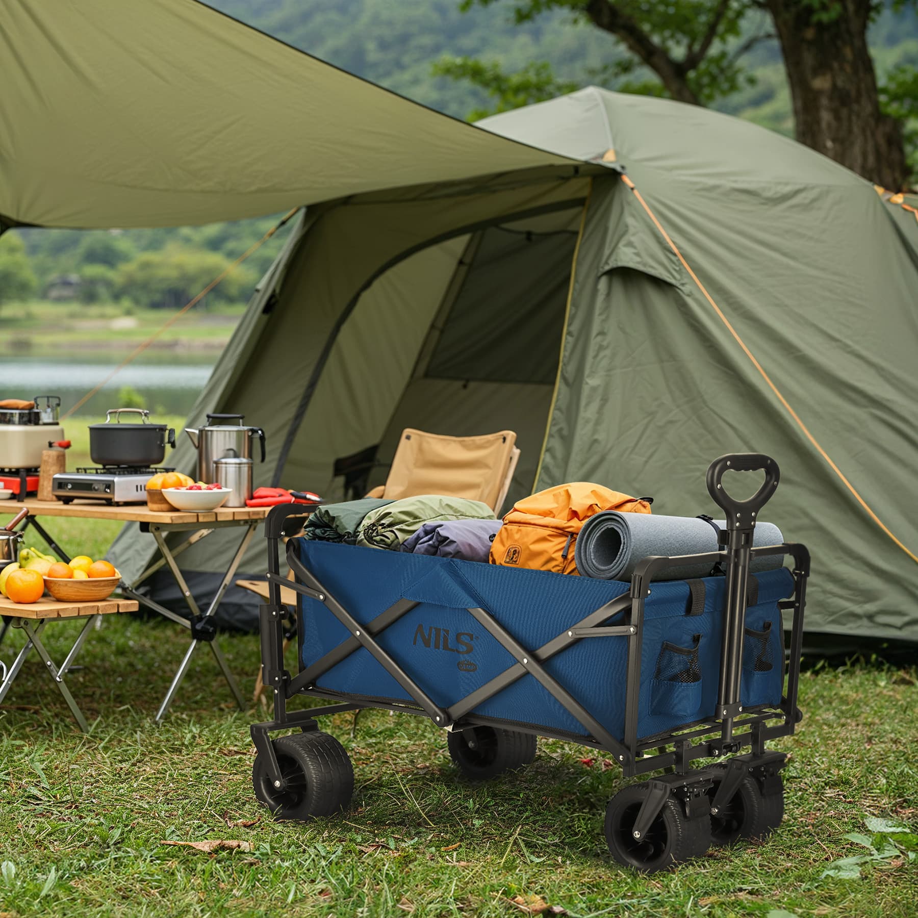 Wózek turystyczny składany niebieski 120L Nils Camp 2