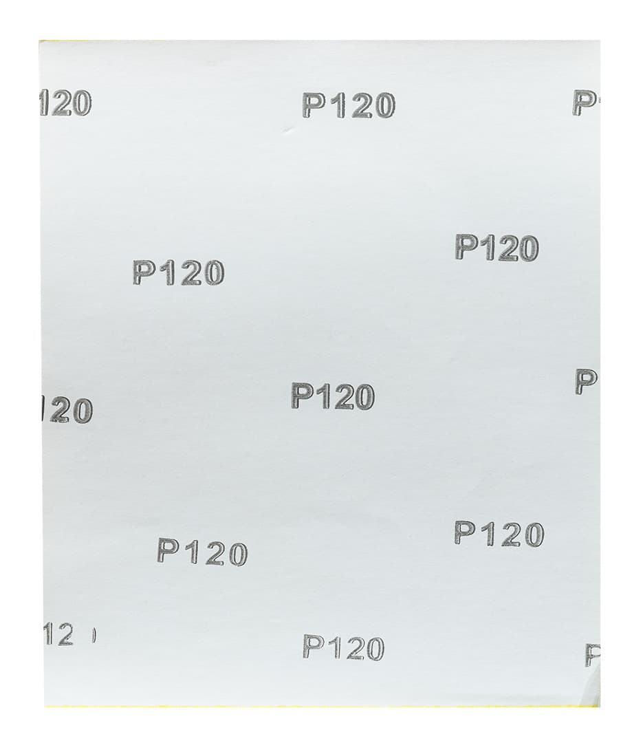 Żółty papier ścierny o wymiarach 230 x 280 mm, gradacja P120 3