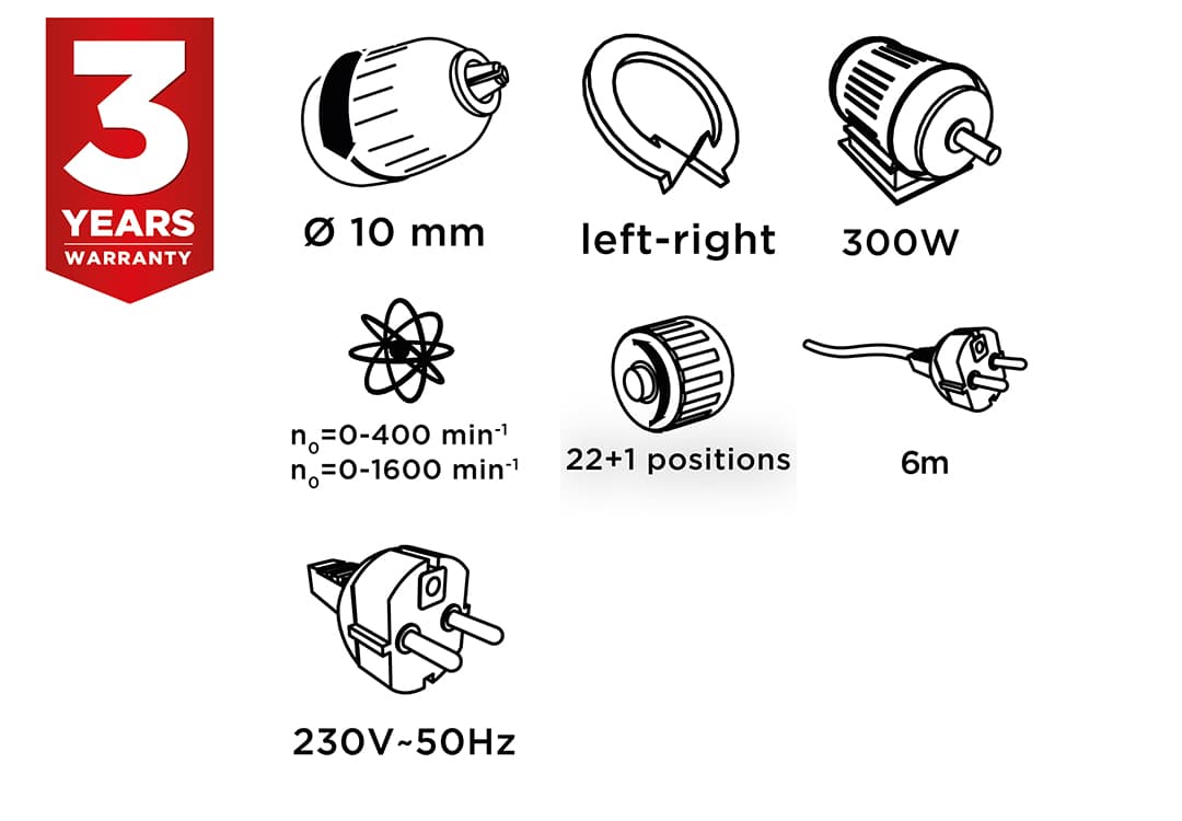 Wiertarko-wkrętarka sieciowa 300W z uchwytem samozaciskowym 10 mm i walizką 3