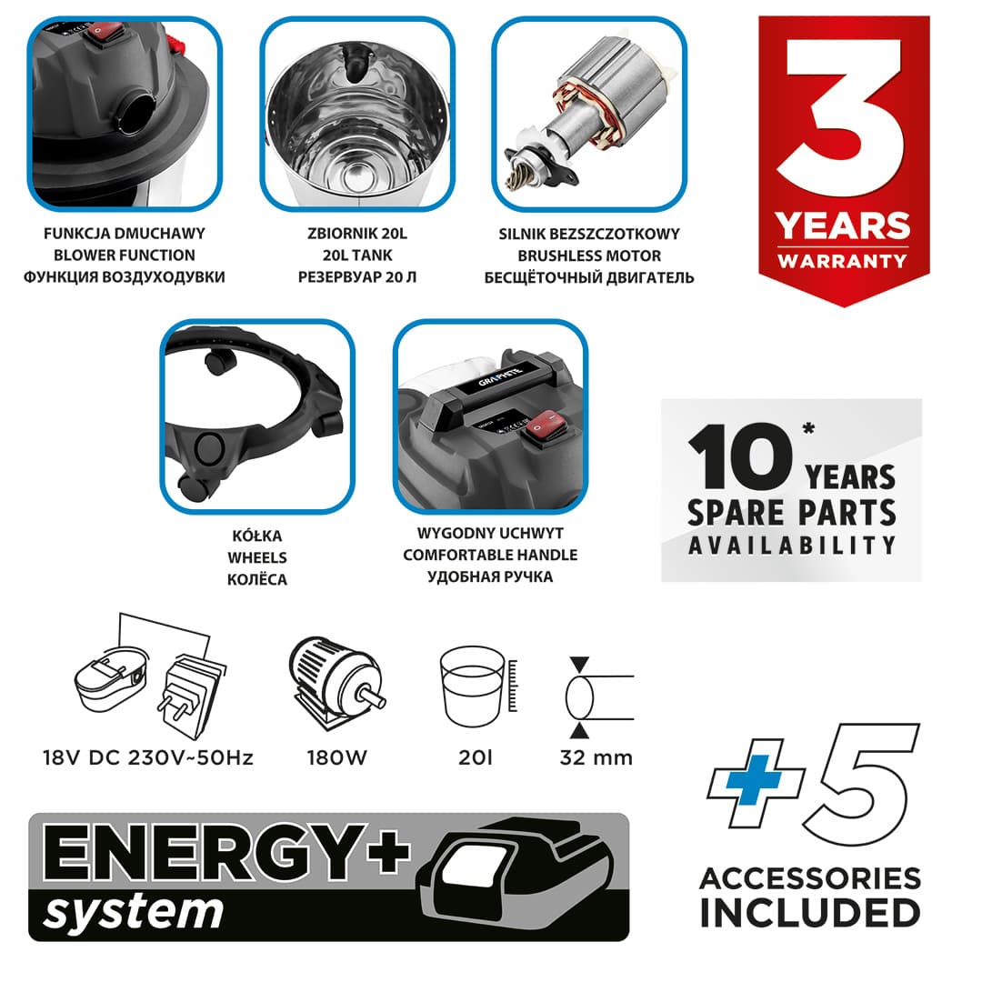 Odkurzacz warsztatowy Energy+ 18V Li-Ion na mokro i sucho, zbiornik 20L 3