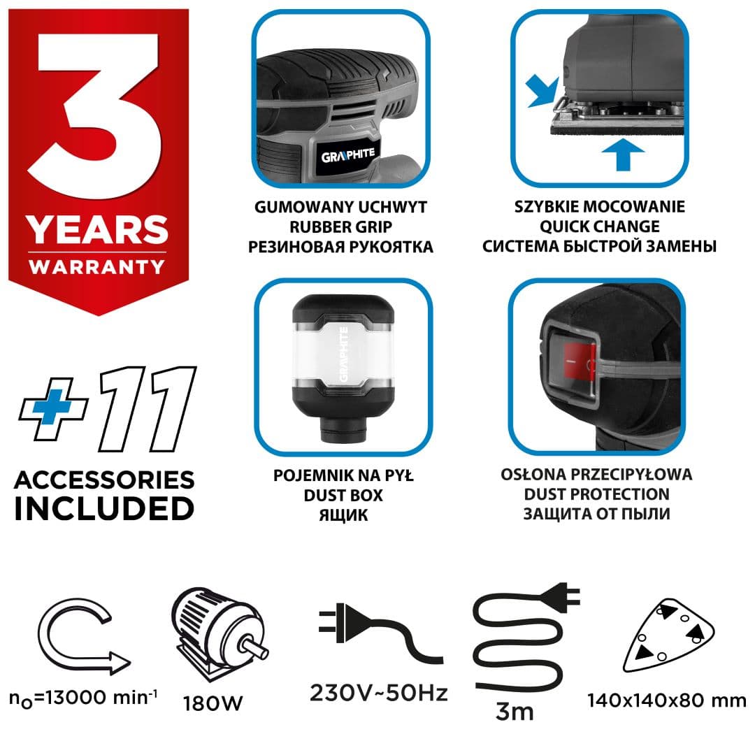 Szlifierka oscylacyjna delta 180W stopa 140 x 140 x 80 mm 3