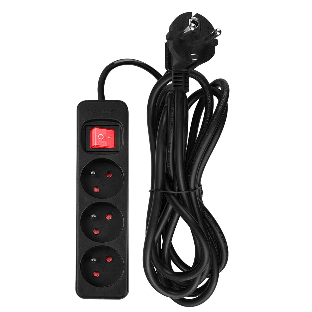 Przedłużacz listwowy 3 m 3 x 1,5 mm2 3 gniazda czarny z wyłącznikiem 6