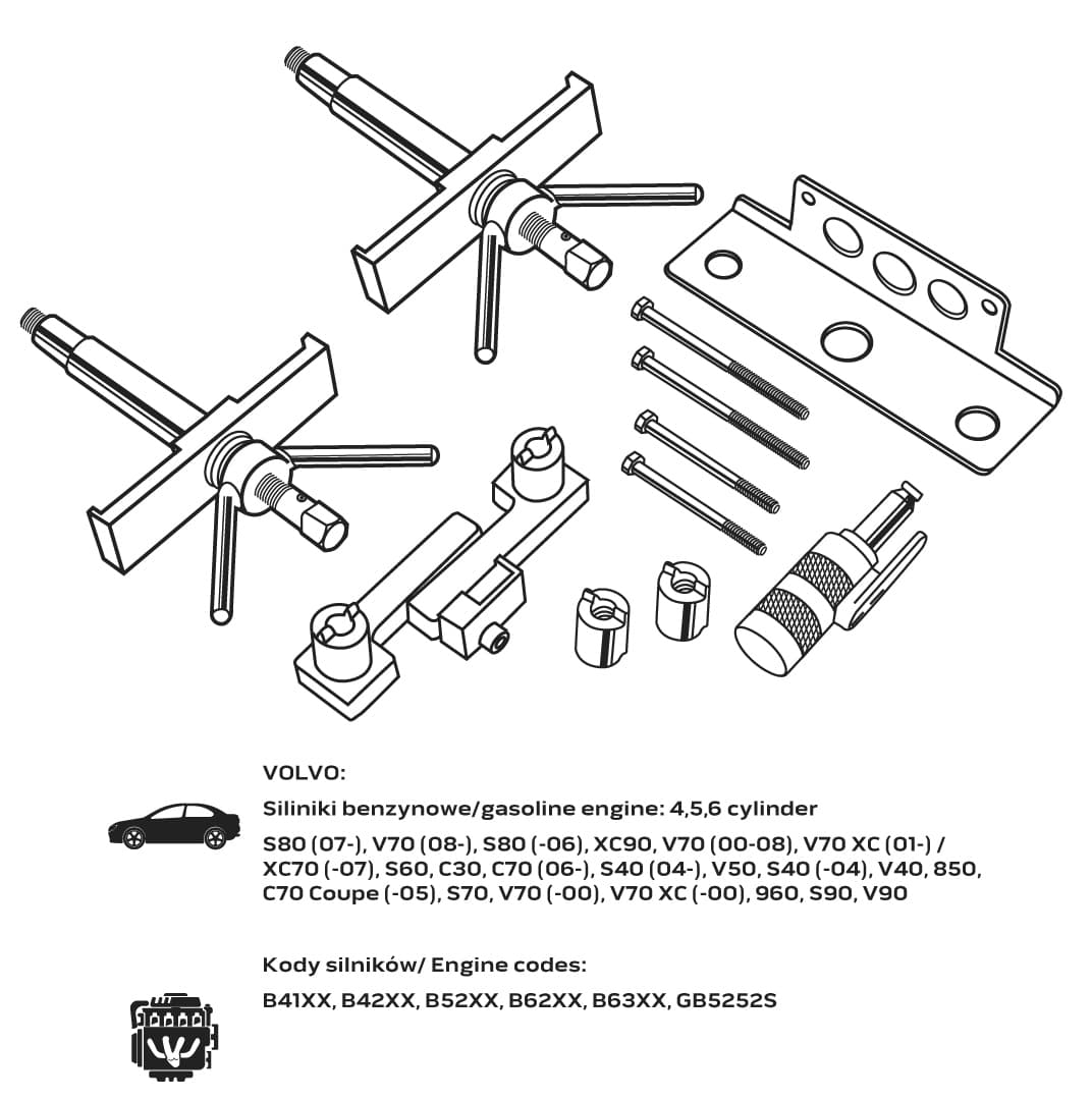 Zestaw do ustawiania wałków rozrządu w silnikach benzynowych Volvo 5