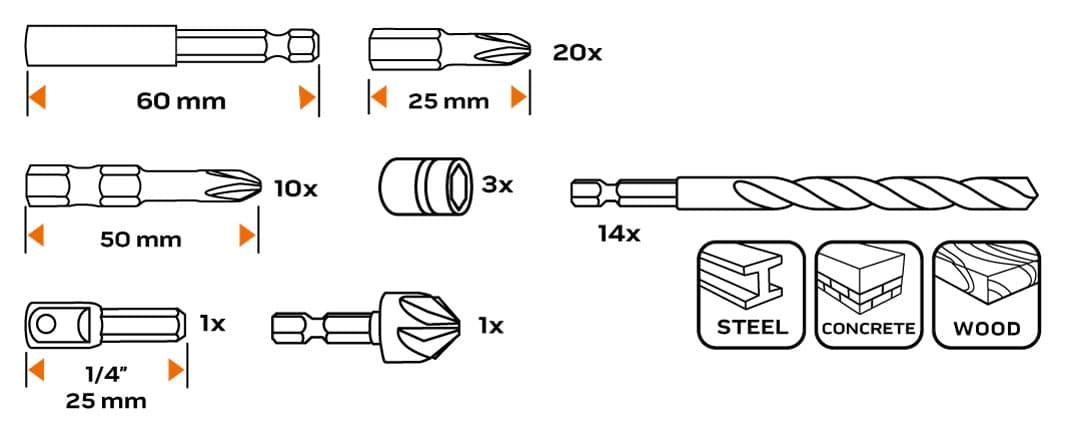 Zestaw wierteł i bitów 50 elementów do różnych zastosowań 4