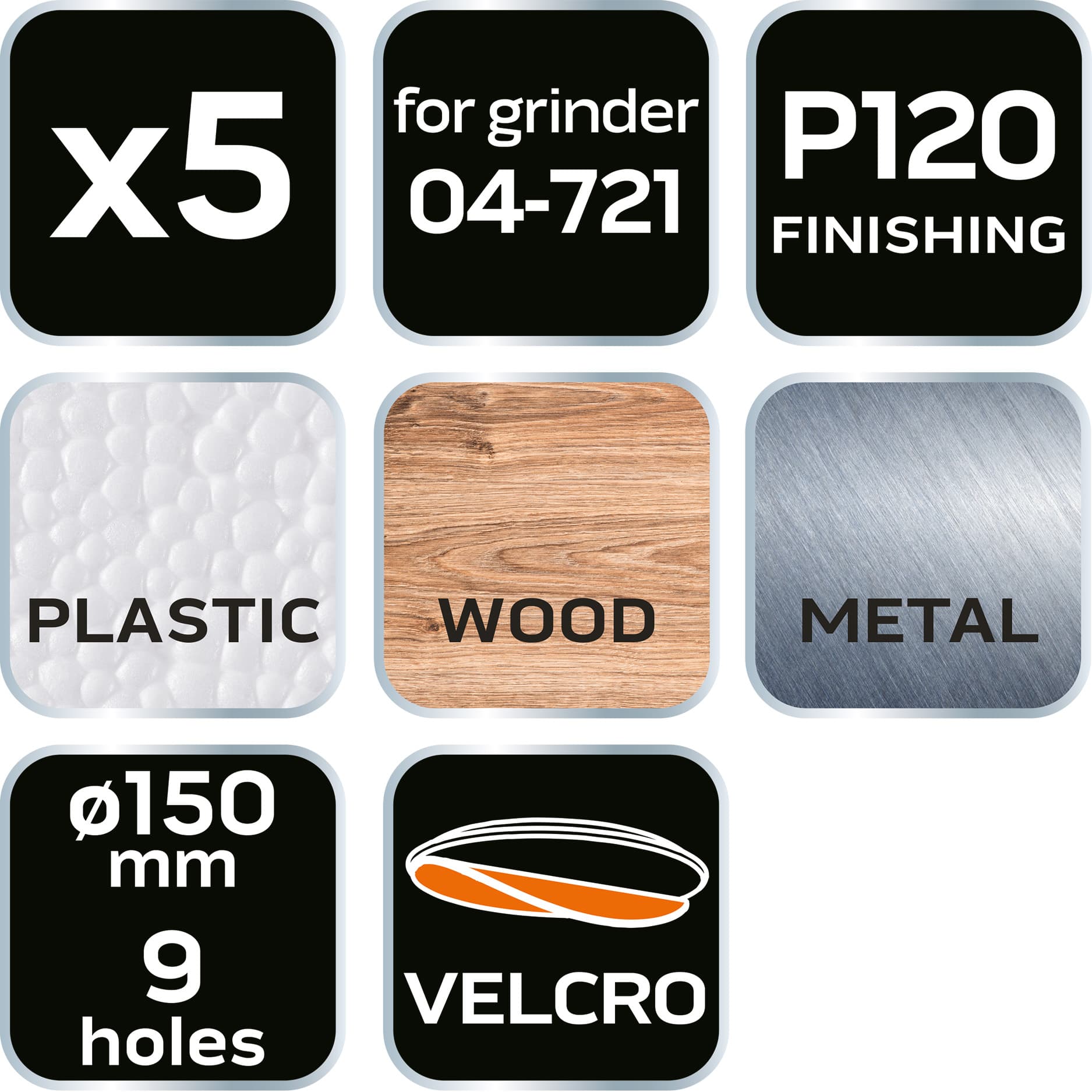 Krążki ścierne 150 mm P120, 5 sztuk z 9 otworami 7