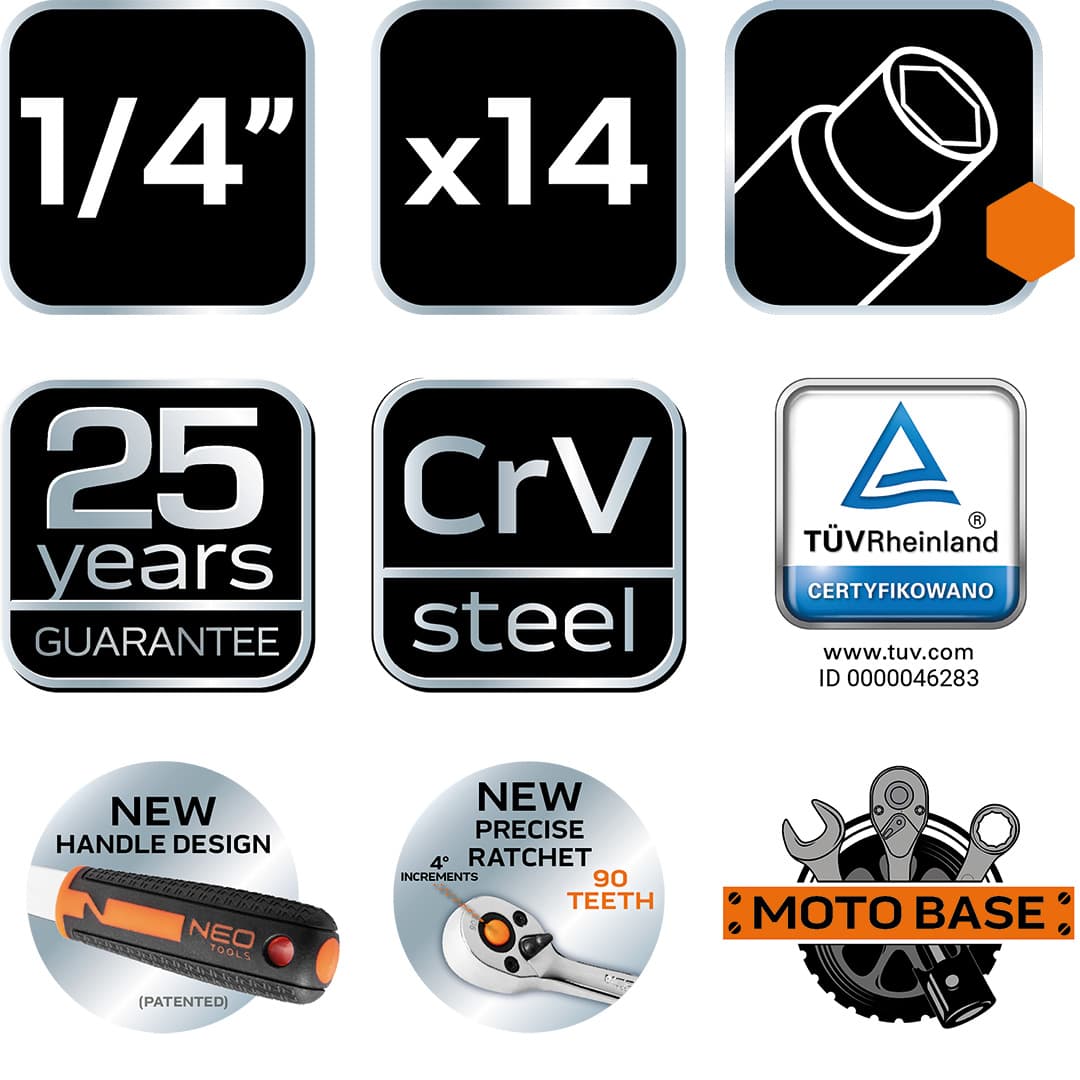 Zestaw kluczy nasadowych 1/4 cala, 14 sztuk, stal chromowo-wanadowa 3
