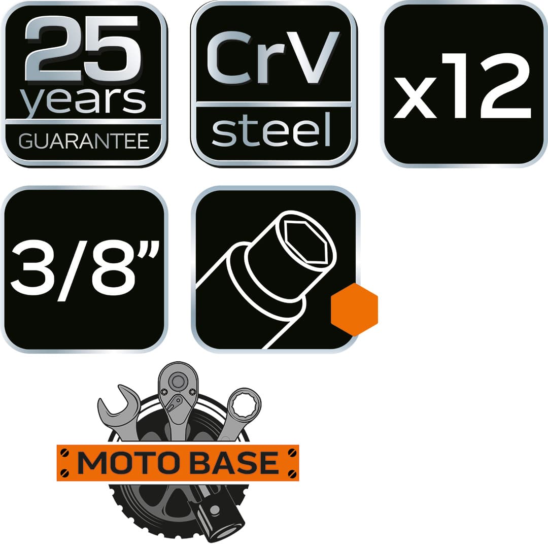 Zestaw kluczy nasadowych 3/8 cala 12 sztuk stal chromowo-wanadowa 3