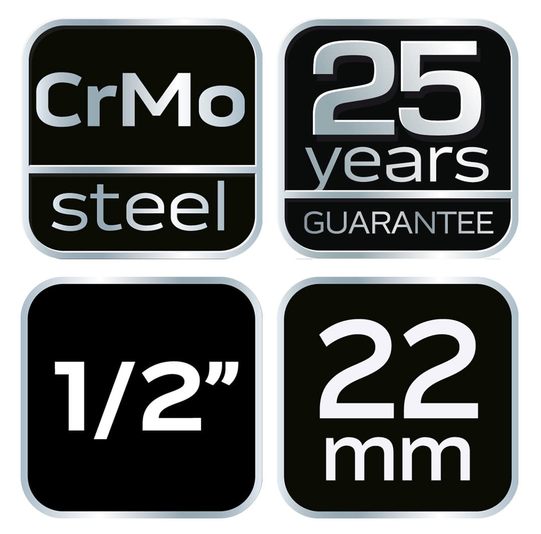 Nasadka udarowa 1/2 cala, rozmiar 22 mm, długość 38 mm, stal chromowo-molibdenowa 3