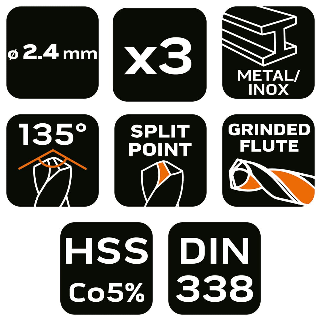 Wiertła do metalu HSS-Co 2.4 mm, 3 sztuki 3