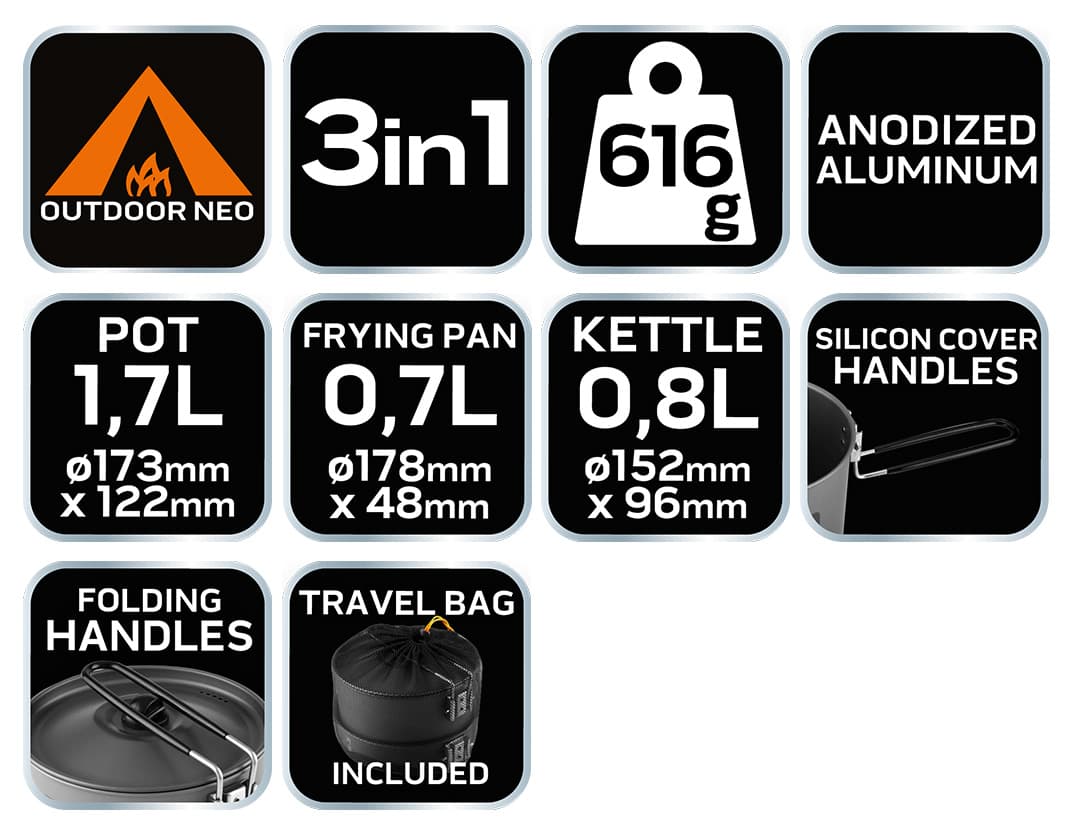 NEO tools 63-145 garnek, patelnia i czajnik turystyczny/kempingowy 10