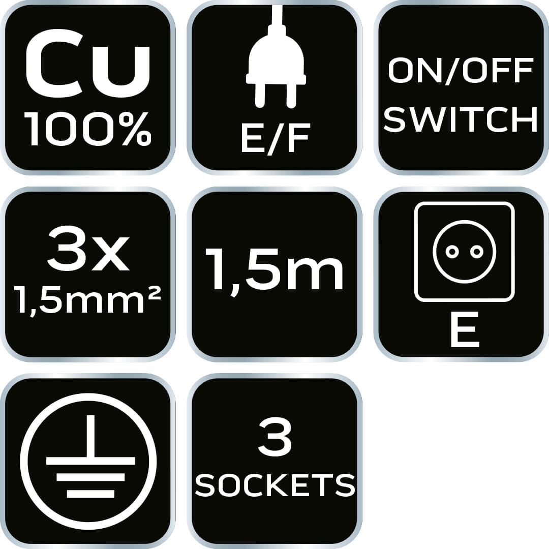 Przedłużacz listwowy 3 gniazda 1.5 m z wyłącznikiem 7