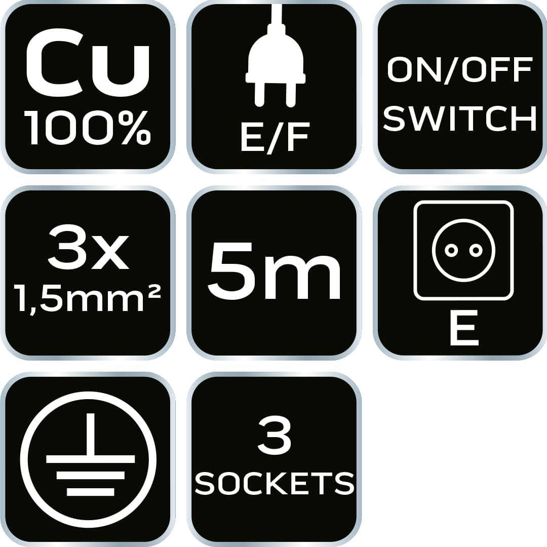Przedłużacz listwowy 3 gniazda 5 m biały z wyłącznikiem 7