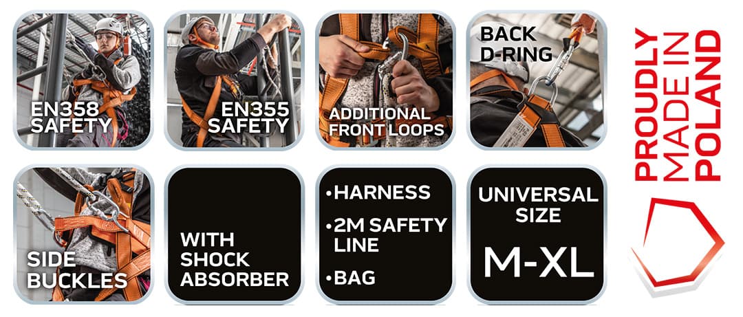 Zestaw asekuracyjny do pracy na wysokości z pasem biodrowym i amortyzatorem 3