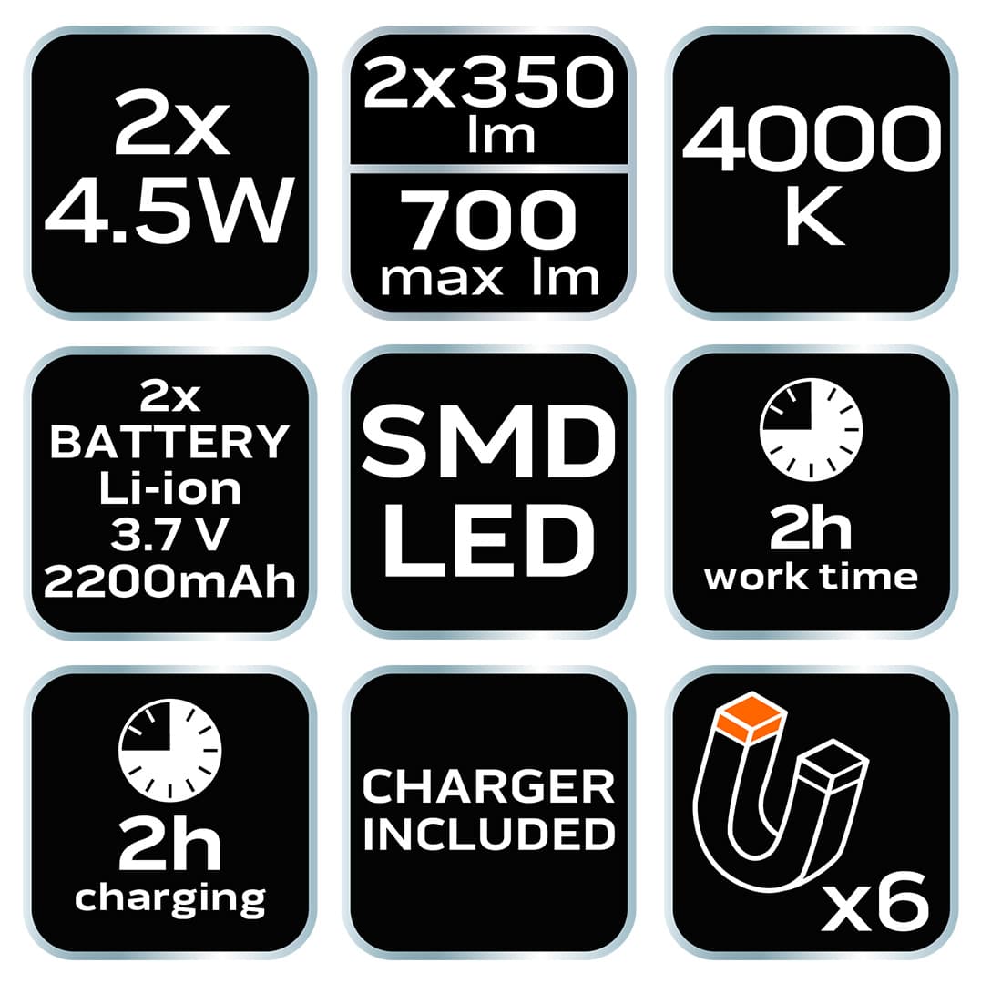 NEO tools rozkładana lampa warsztatowa akumulatorowa 2x350 lumenów 4