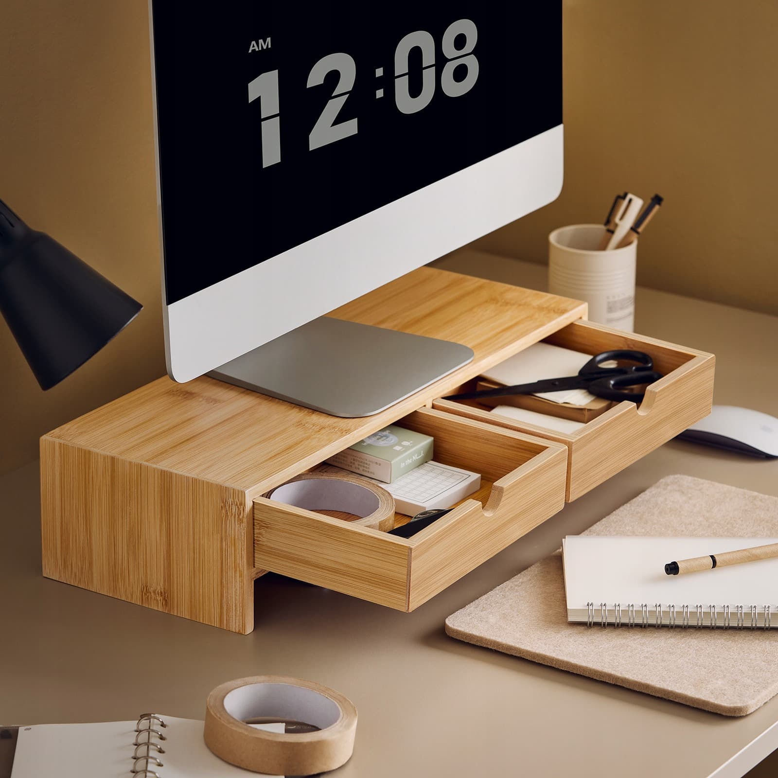 Bambusowa podstawka pod monitor z organizerem na biurko