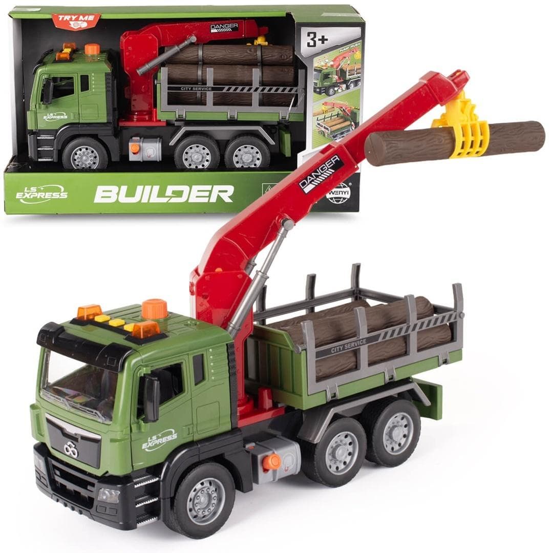 Ciężarówka transportowa do drewna z dźwigiem, światłem i dźwiękiem