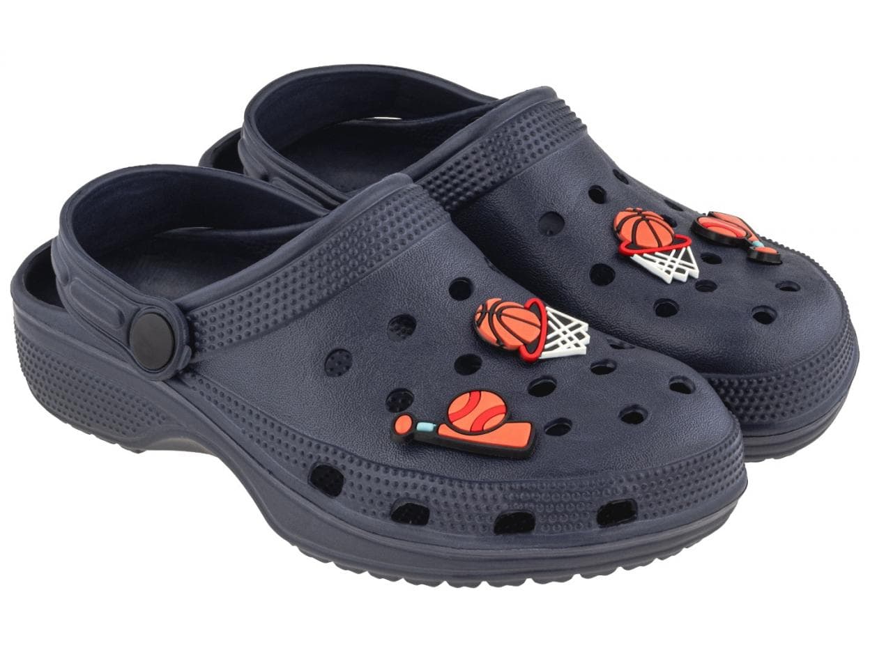 Granatowe clogi dziecięce rozmiar 28/29 z pinami