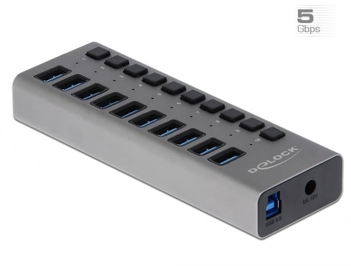 Zewnętrzny Hub USB 3.0 z 10 portami i przełącznikami Delock