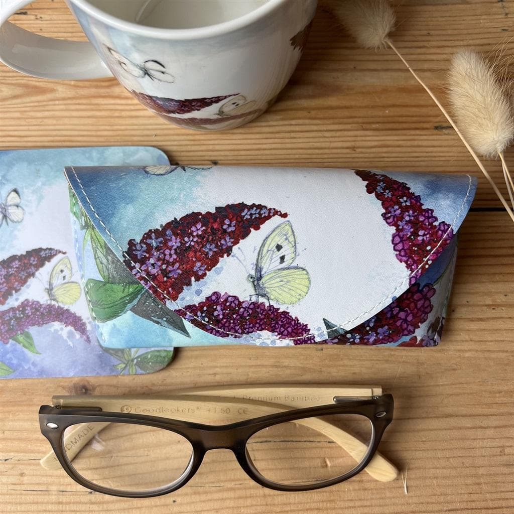Etui na okulary z motywem motyli i budlei