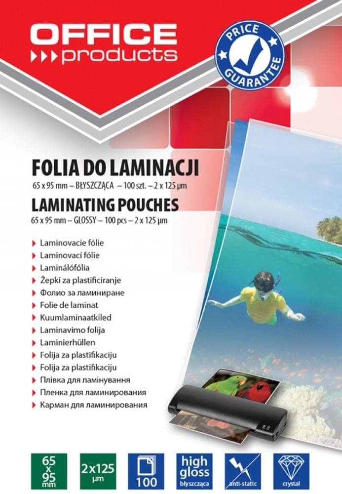 Folia do laminowania 65 x 95 mm 2 x 125 mikronów 100 sztuk