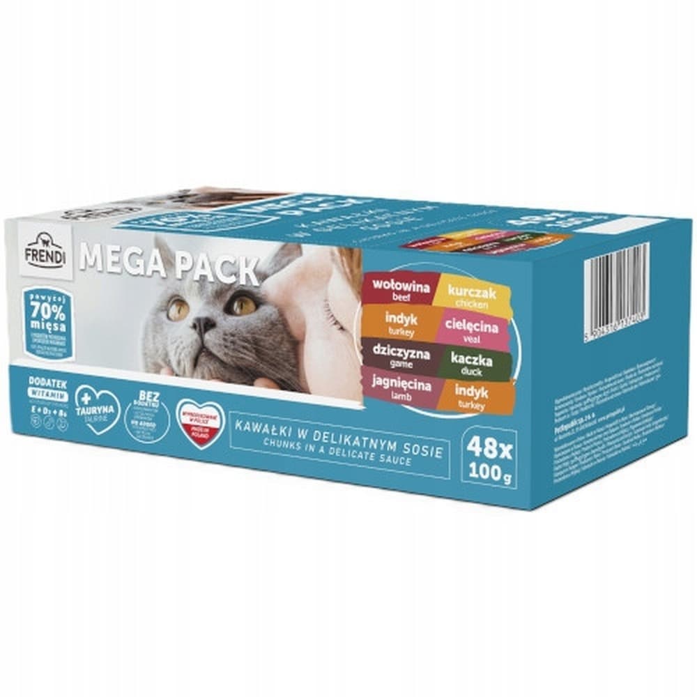 Frendi Saszetki dla Kota 48 x 100 g, Mięsne Smaki (Wołowina/Kurczak, Indyk/Cielęcina, Dziczyzna/Kaczka, Jagnięcina/Indyk)