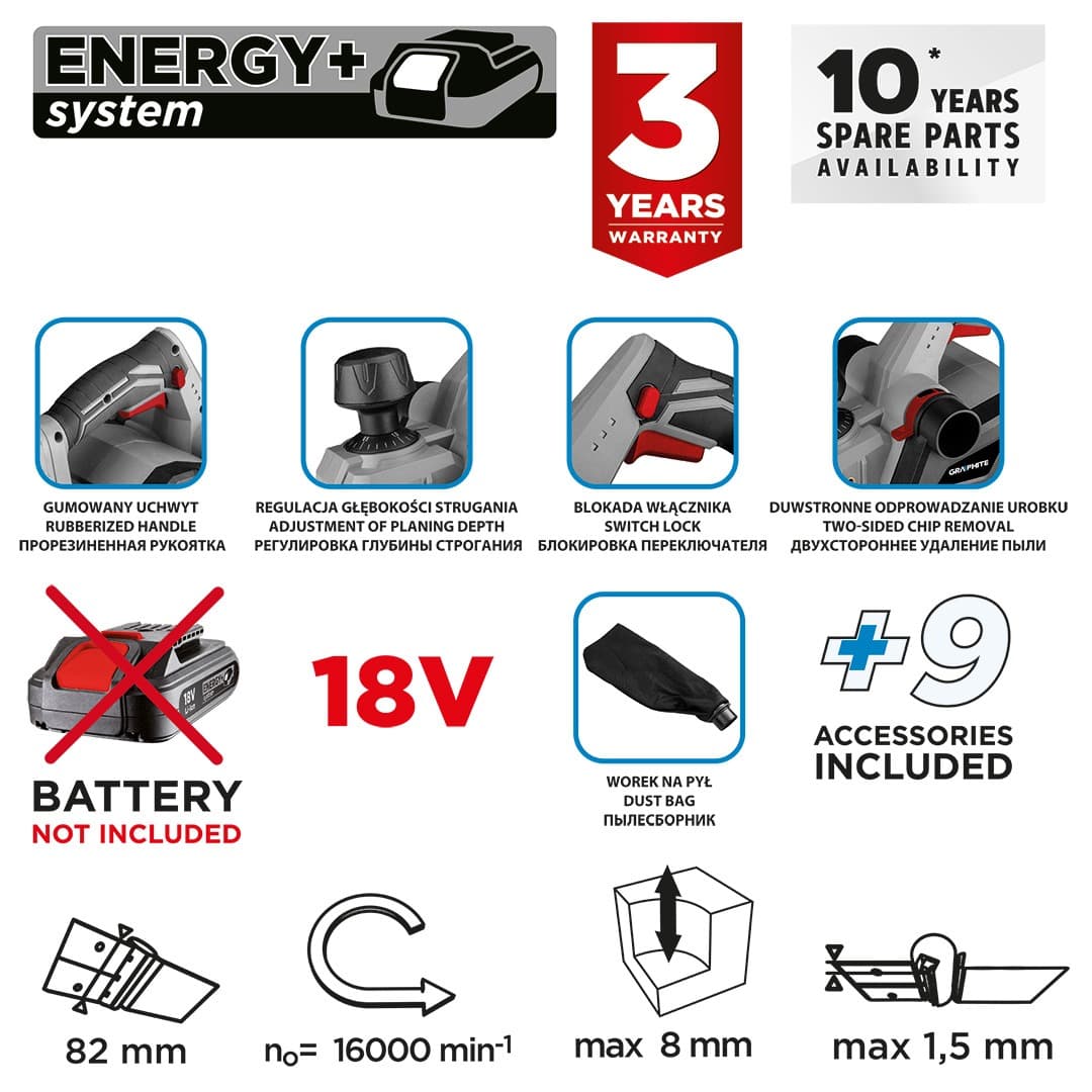 Graphite Energy+ 18 V strugarka akumulatorowa 82 mm