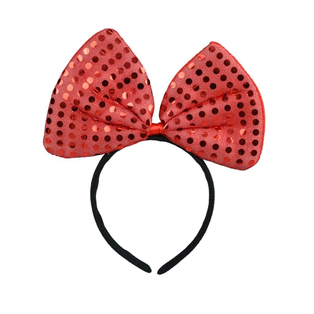 Czerwona kokarda na opasce z połyskującymi kropeczkami