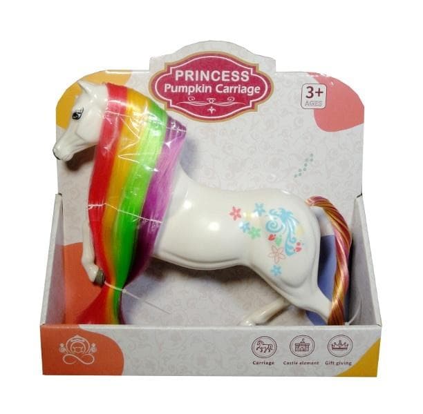 Biały konik z tęczową grzywą i ogonem