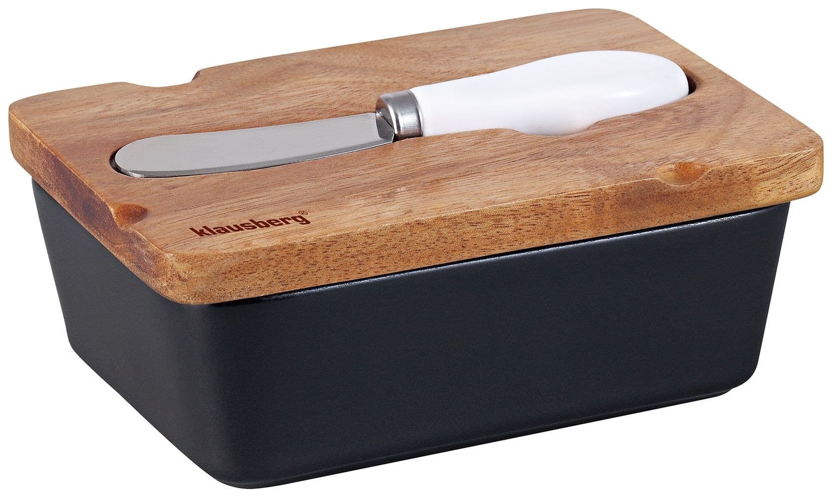 Maselniczka ceramiczna czarna z pokrywką z drewna akacjowego i nożem