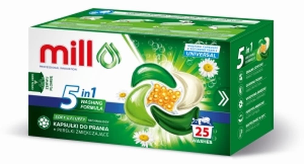 MILL PRO Kapsułki do prania 5k + perełki zmiękczające UNIVERSAL 25 sztuk