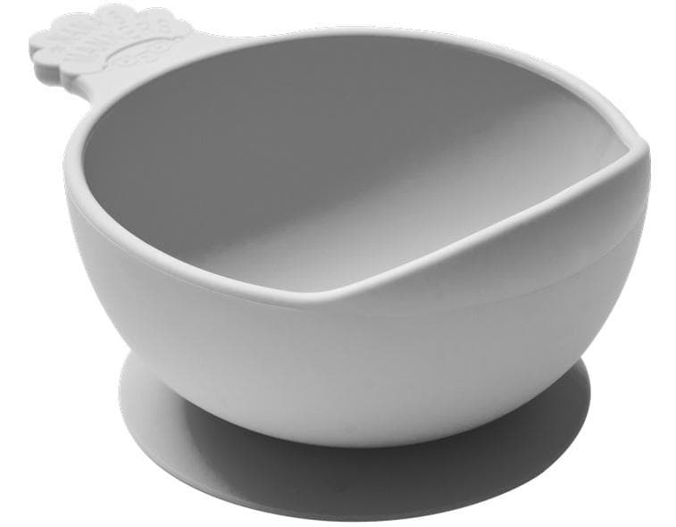 Szara miska silikonowa z przyssawką i uchwytem dla dzieci