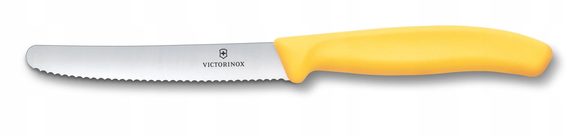 Nóż kuchenny 11 cm z ząbkowanym ostrzem Victorinox, żółty