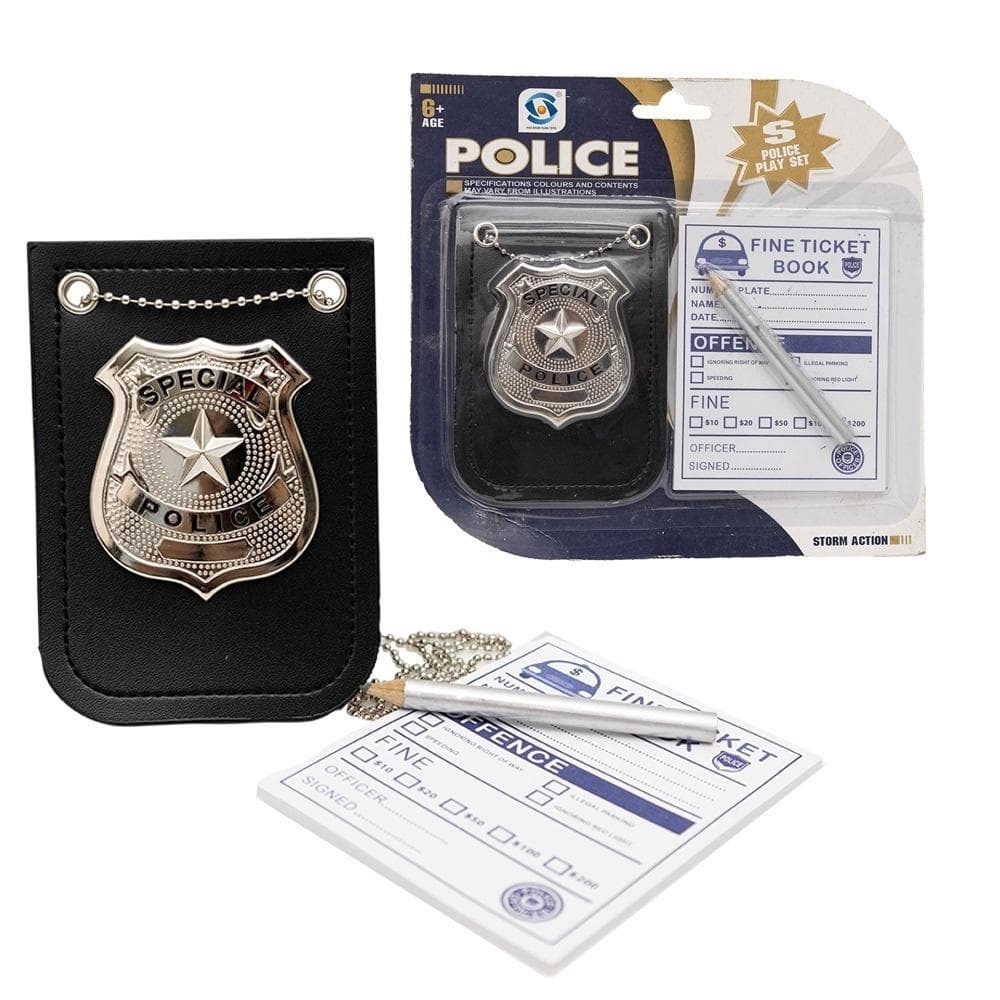 Zestaw policyjny: Odznaka, bloczek mandatowy i ołówek