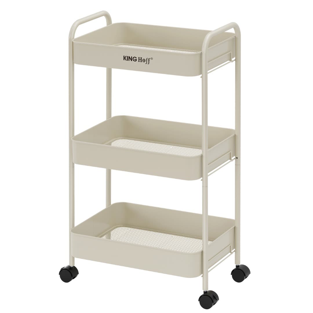 Regał mobilny trzypoziomowy beżowy stalowy wózek z kółkami 360 stopni