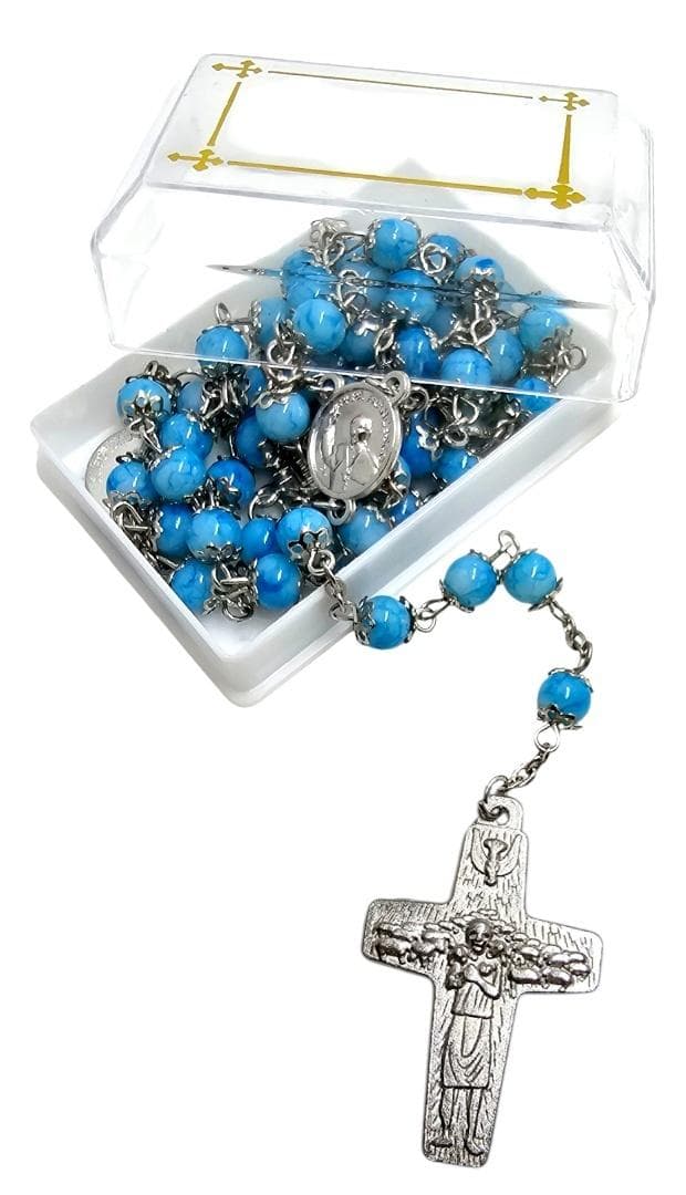 Różaniec niebieski w pudełku ze świętymi