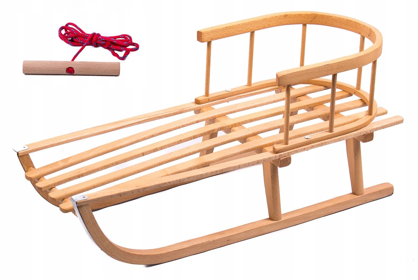 Sanki drewniane z oparciem i sznurkiem do ciągnięcia