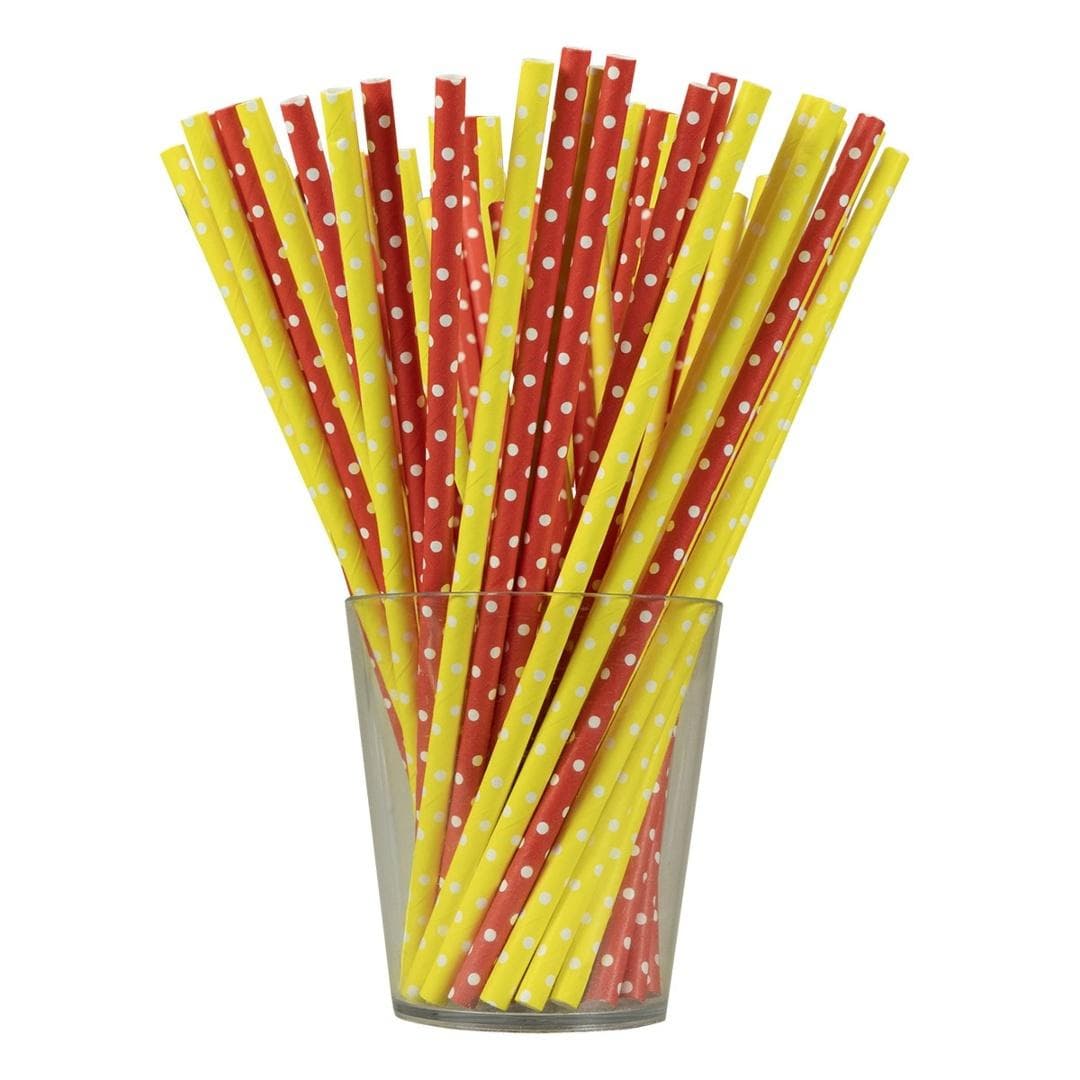 Papierowe słomki Minki czerwono-żółte w kropki 12 sztuk
