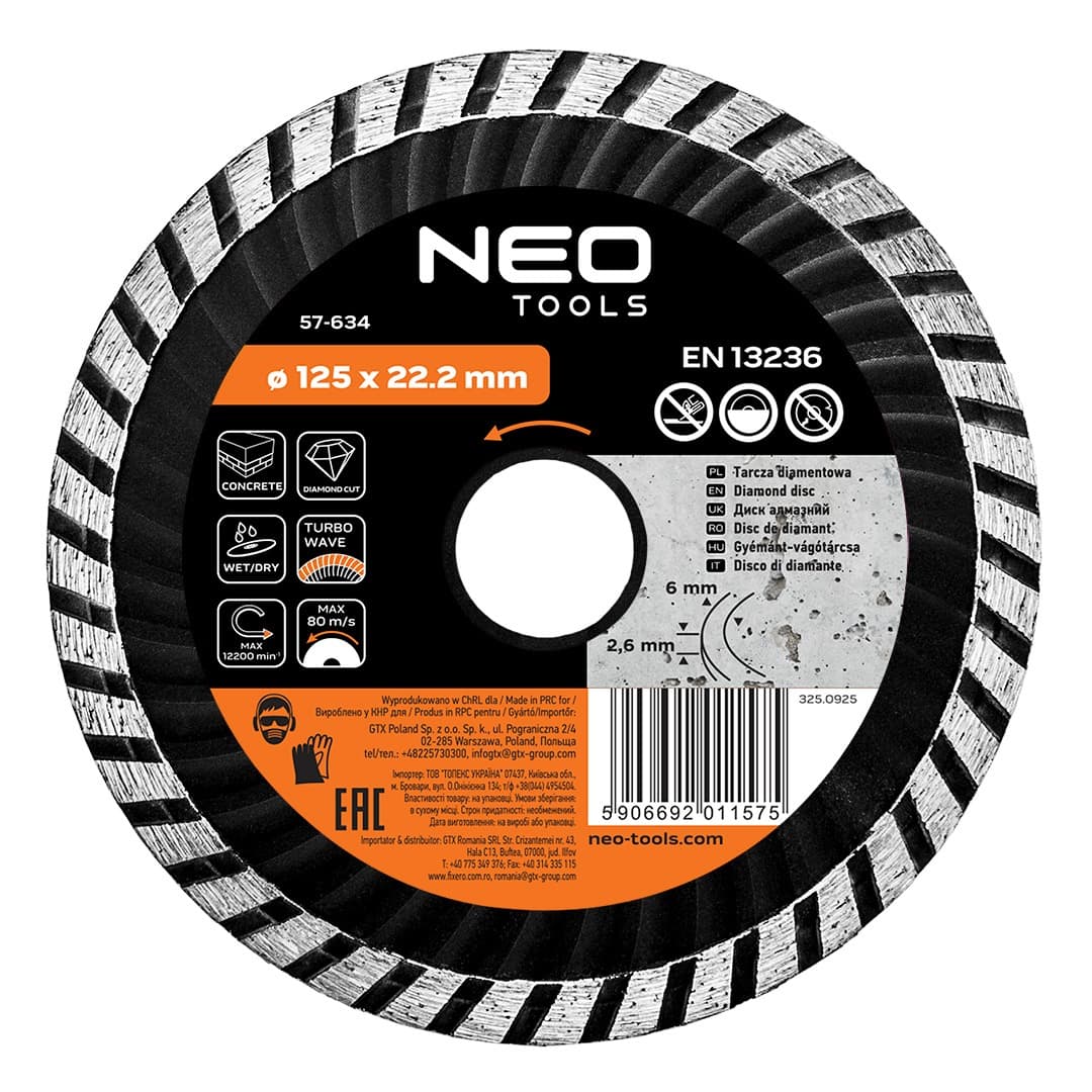 Tarcza diamentowa 125 x 22.2 mm do cięcia na sucho i mokro