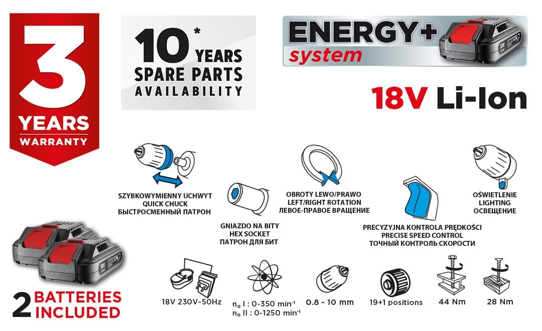Wiertarko-wkrętarka akumulatorowa 18V Energy+ ze zdejmowanym uchwytem 10 mm, 2 akumulatory 2Ah, ładowarka i walizka