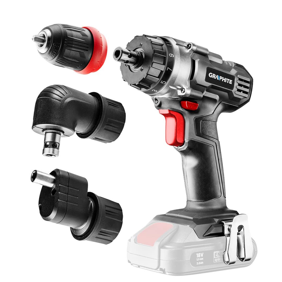 Wiertarko-wkrętarka akumulatorowa Graphite Energy+ 18V ze zdejmowanym uchwytem 10 mm oraz adapterami