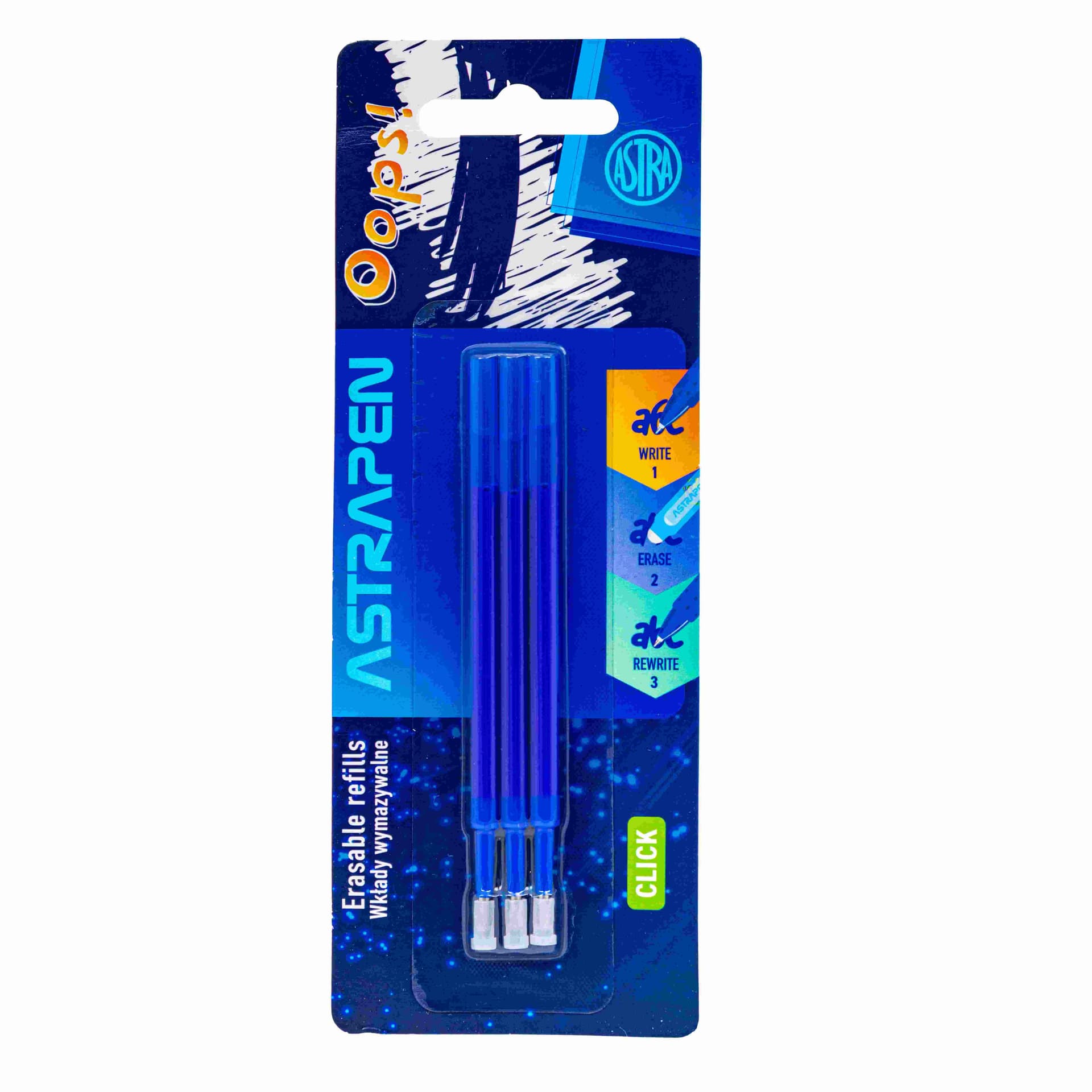 Wkłady wymazywalne Click niebieskie 0,5 mm Astrapen Oops! blister .