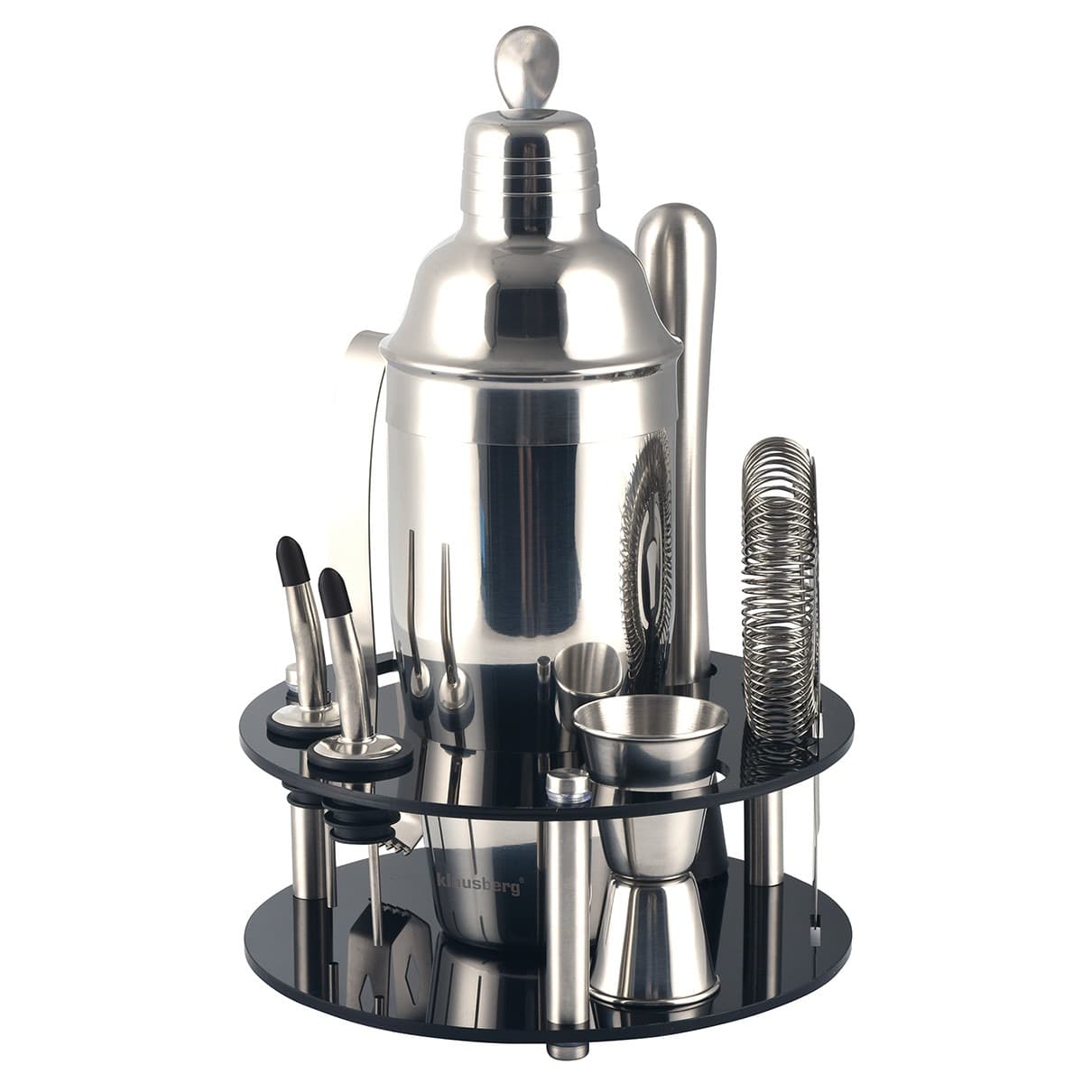 Zestaw barmański srebrny 9 elementów z akrylowym stojakiem