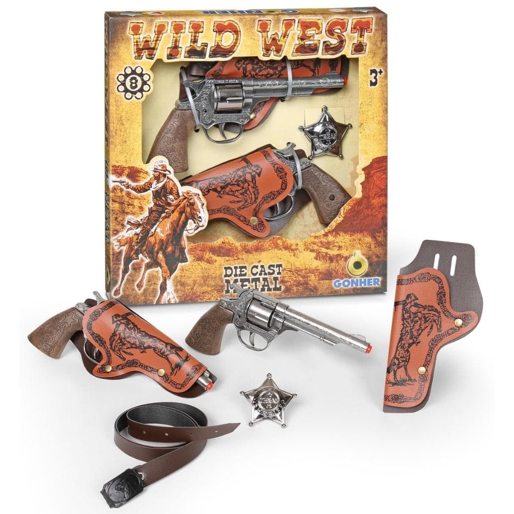Zestaw kowbojski: 2 rewolwery, odznaka i kabury