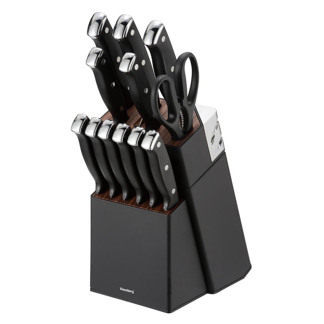 Zestaw noży Klausberg 13 elementów ze stali nierdzewnej z ostrzałką i stojakiem