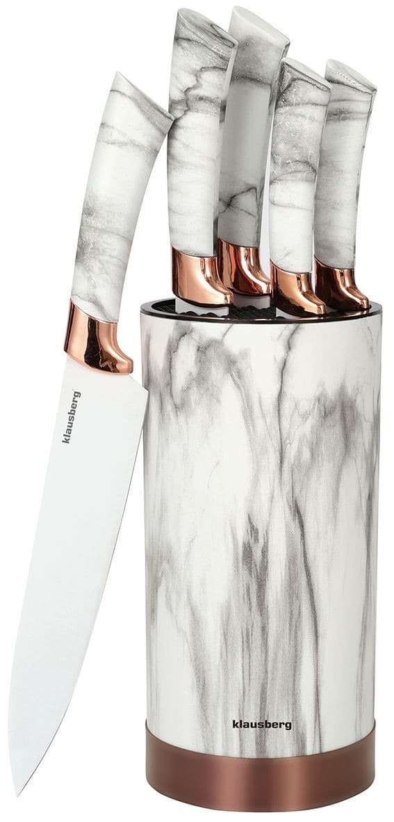 Zestaw noży kuchennych Klausberg w stojaku, biały z brązowym wzorem, 5 elementów